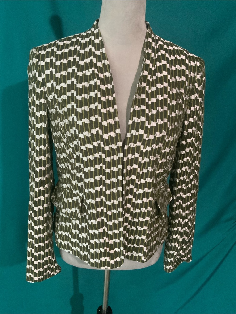 Evan Picone Olive and White Geometric Open-Front Blazer, Size 8